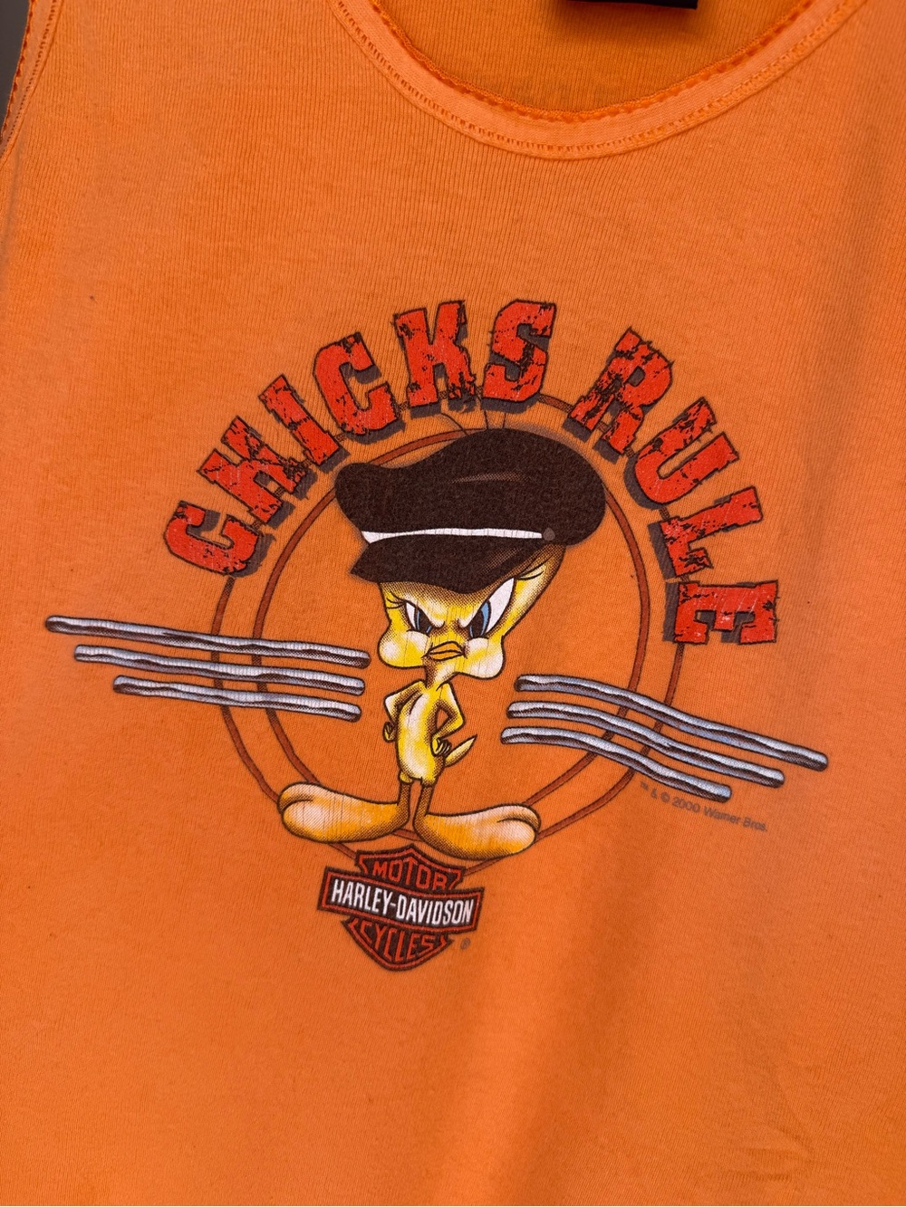 Vintage Harley-Davidson Tweety Bird Orange 'Chicks Rule' Baby Tank Top XXL - Picture 3 of 11